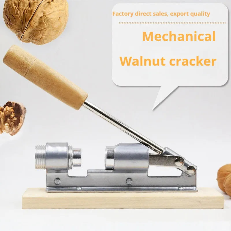 Mechanical walnut cracker with wood handle and aluminium parts, hand-crank design