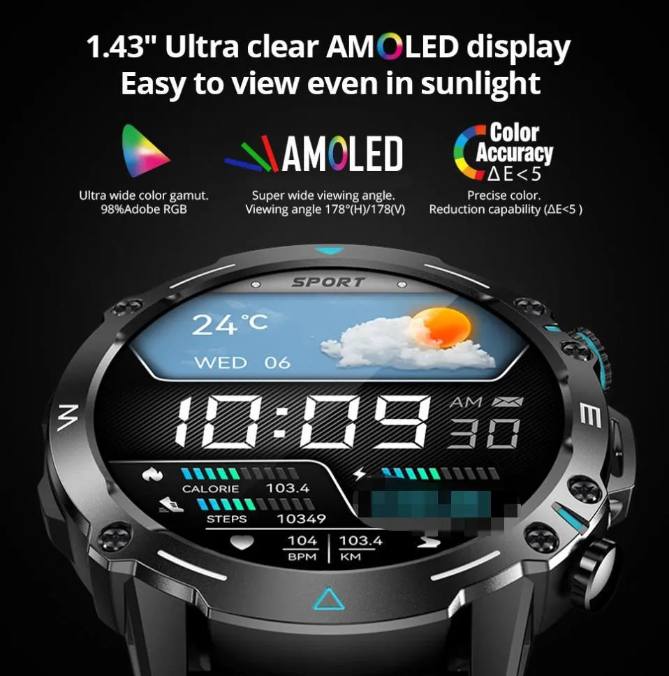 M42 Smart Watch in black on a wrist, showing a large screen with health stats.