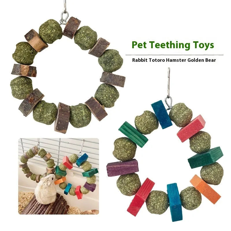 Hamster gnawing toy made of straw forming a ball ring, for small pets like guinea pigs.