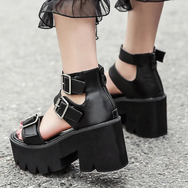 Black women's sandals with punk Harajuku style, chunky thick bottom heel, round toe, and back zipper