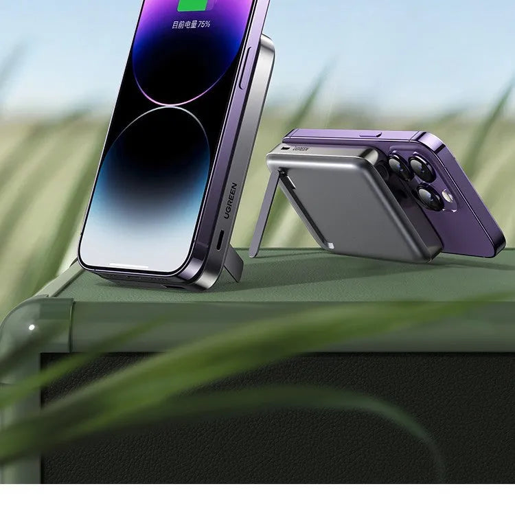 Compact magnetic charging power bank with integrated bracket showing 10000mAh capacity and C-C charging cable