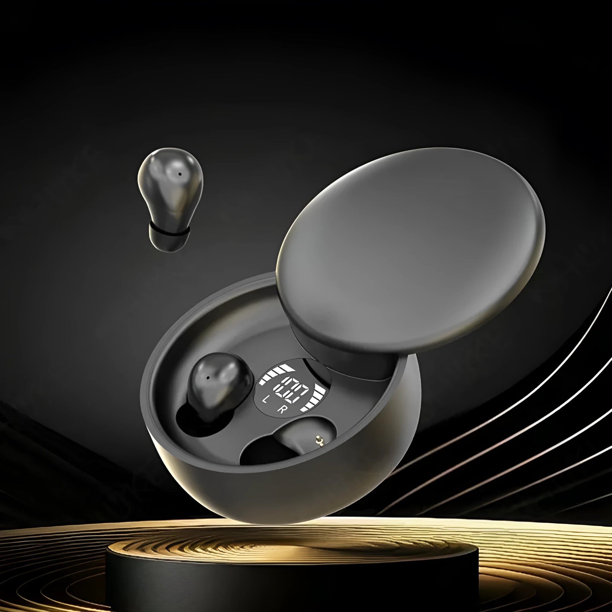 SK26 TWS mini sleep Bluetooth headset in black with digital display and noise reduction feature