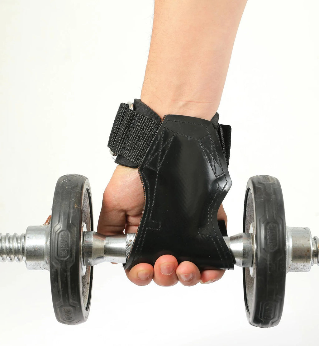 Black rubber weightlifting palm grips and assist belt set for barbell pulls.