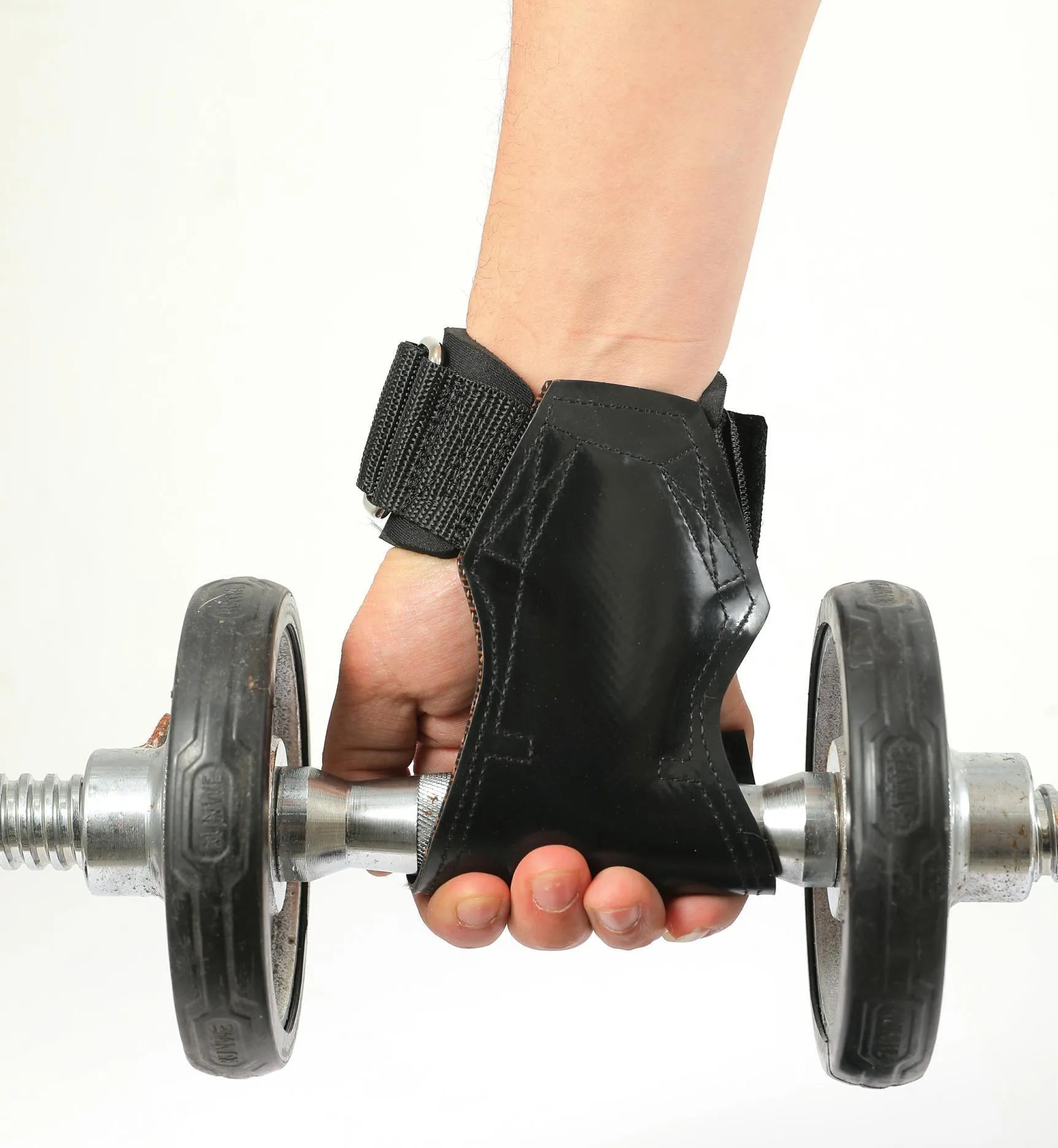 Black rubber weightlifting palm grips and assist belt set for barbell pulls.