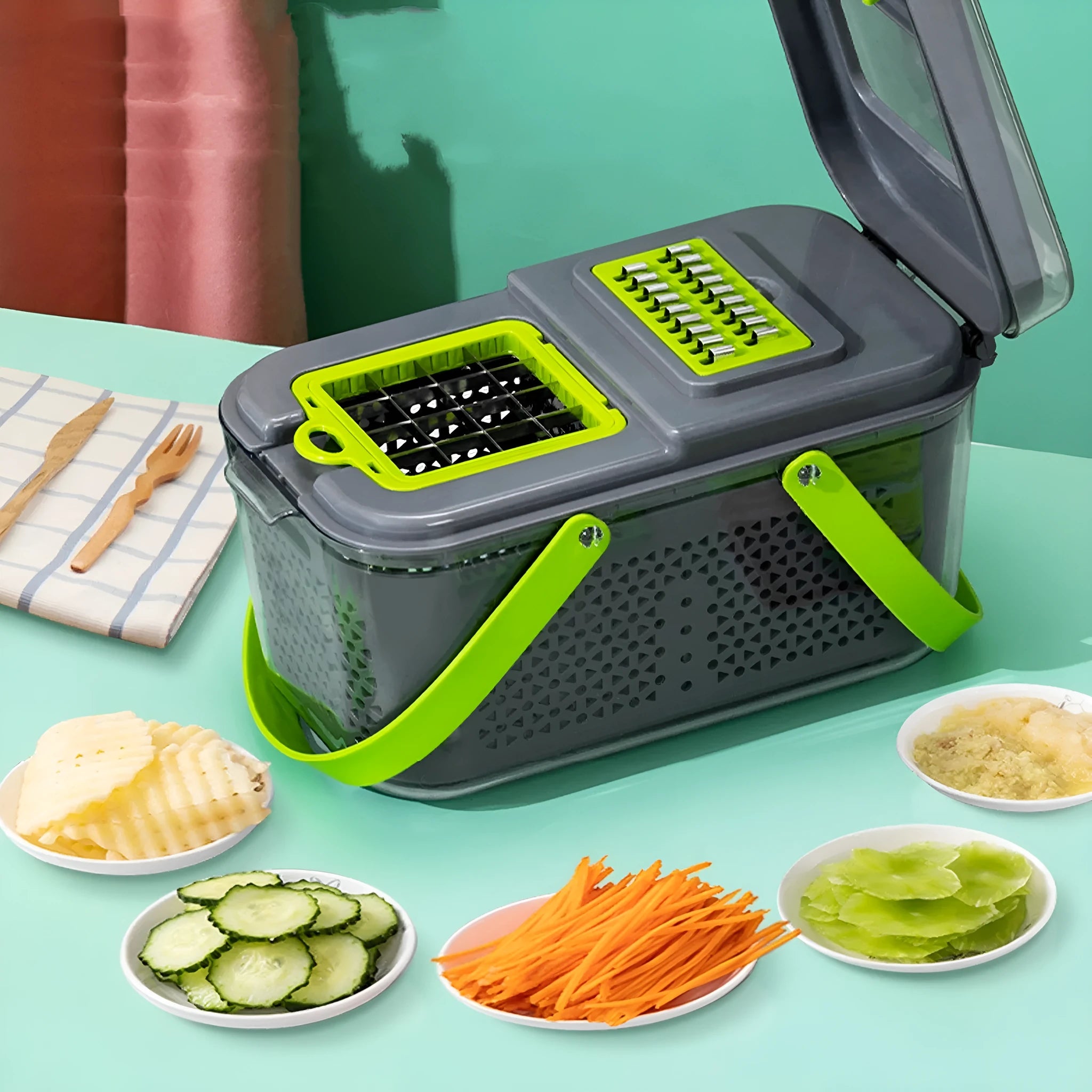 Grey multifunctional vegetable cutter with stainless steel blades, foldable compartments, and water filter basket on a kitchen countertop.