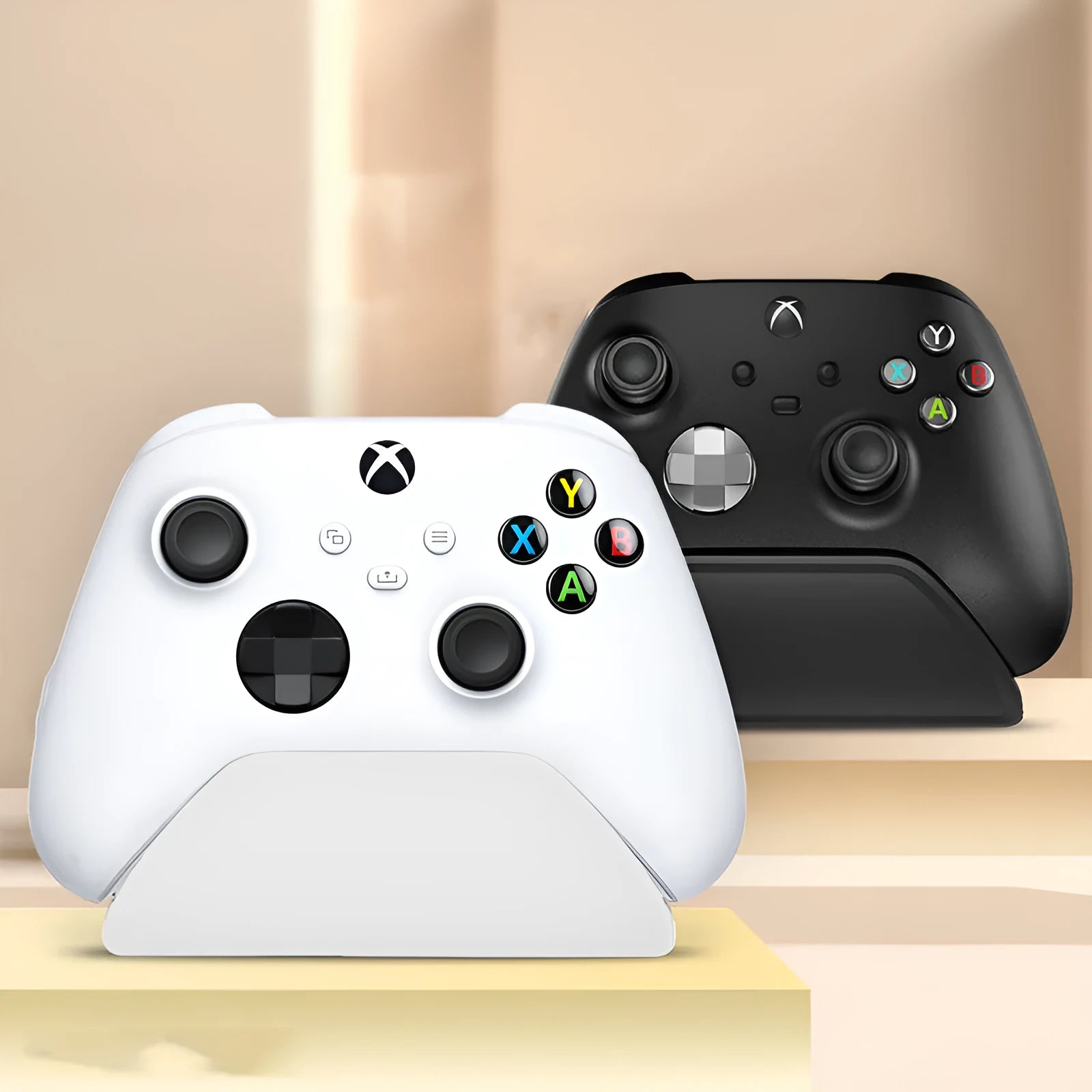Compact controller stand for PS5 and Xbox Series in black bracket finish, measuring 11cm by 9.3cm, with a single controller placed upright