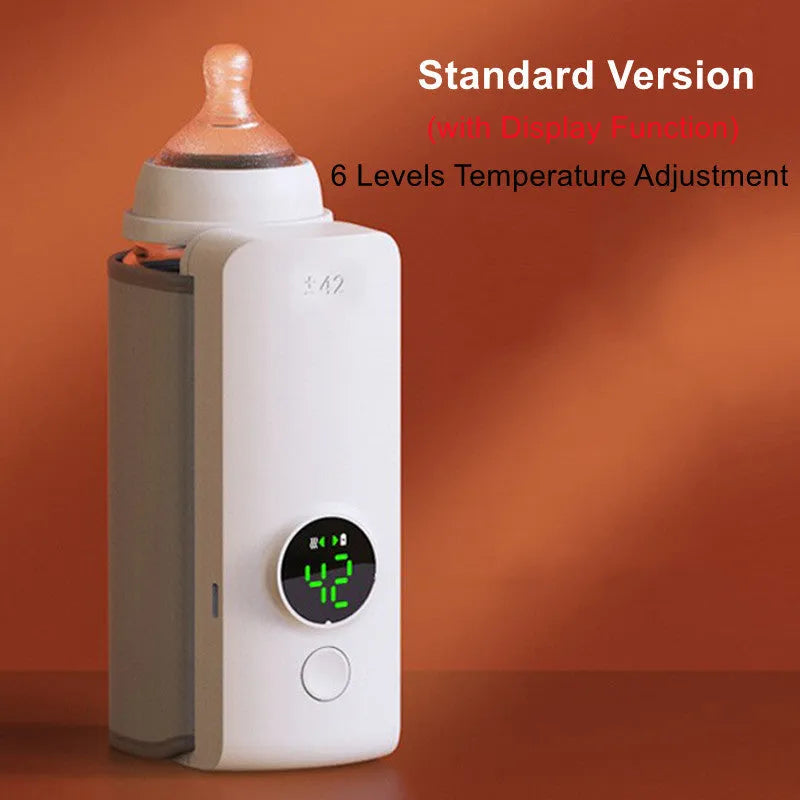 Portable milk warmer with white digital display, USB cable, and 6000mAh battery for bottle warming