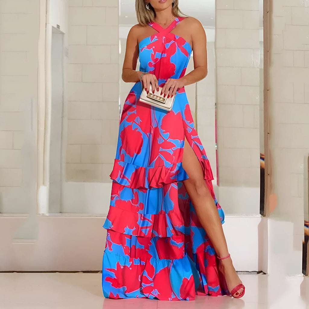 Bohemian printed sleeveless milk silk dress in blue with high waist and long princess skirt