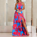 Bohemian printed sleeveless milk silk dress in blue with high waist and long princess skirt