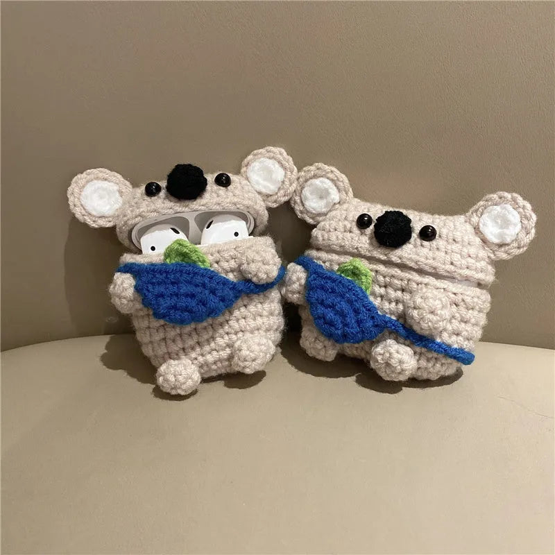 Hand-knitted koala bear backpack design Airpods protective case for Apple Airpods.