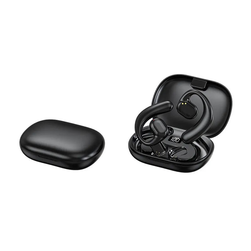 Non in-ear ear-mounted Bluetooth headset with cable, black, plastic build, digital display on side