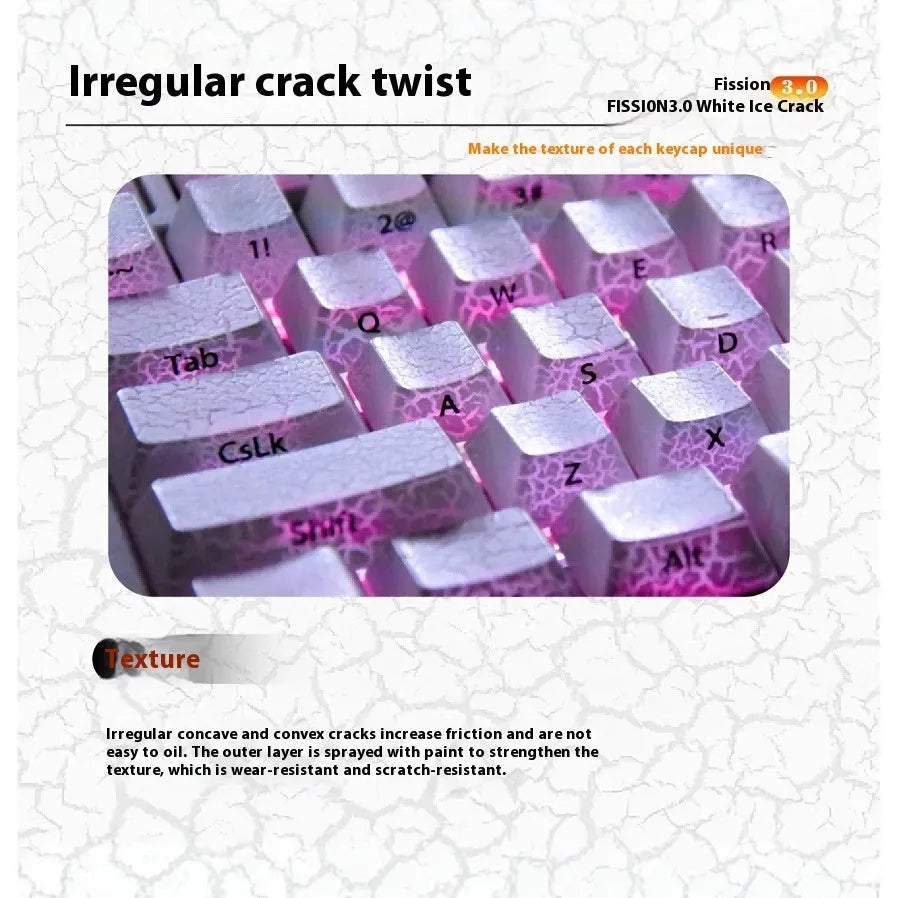 White transparent mechanical keyboard keycap set with side-carved legends on a Qingying layout.