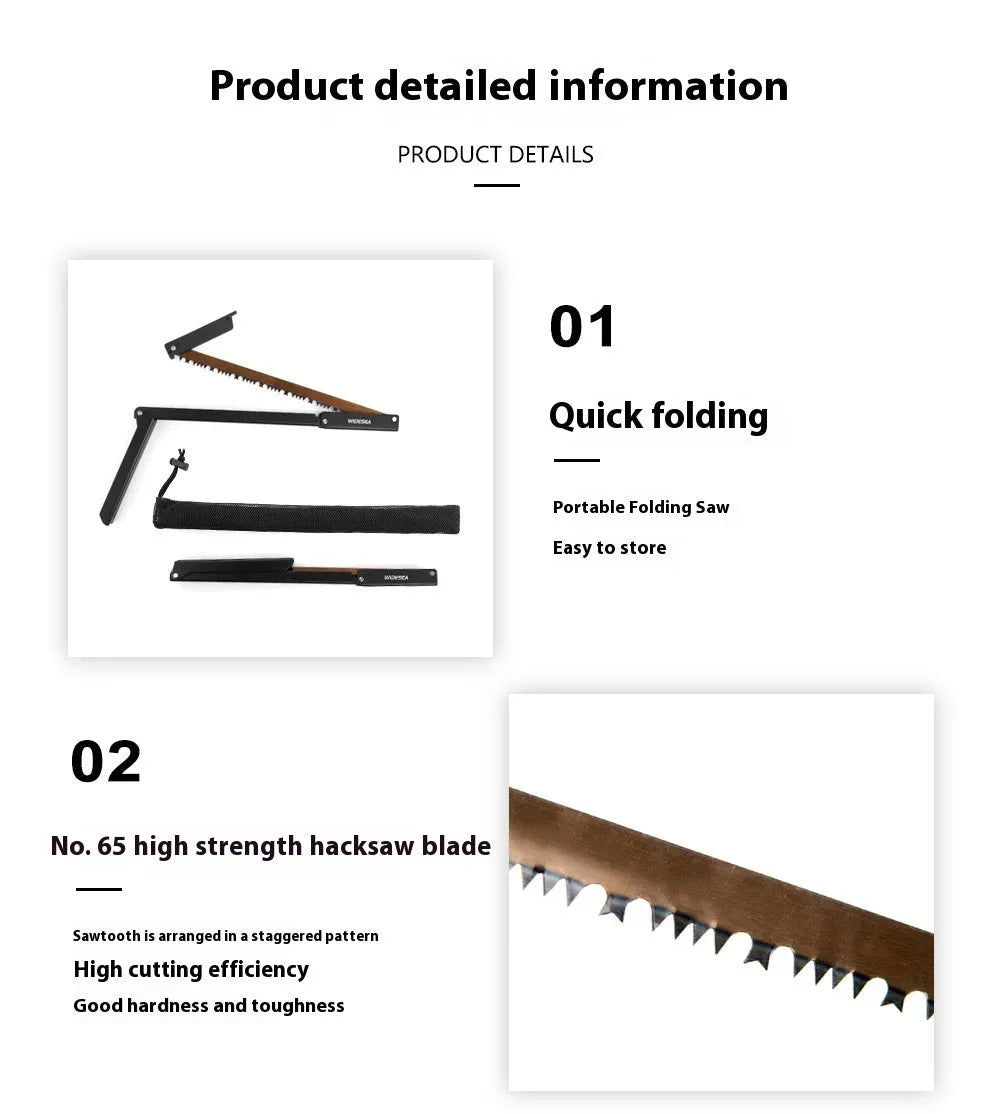 Black outdoor foldable saw with a PA66 nylon handle shown in both open and closed positions.
