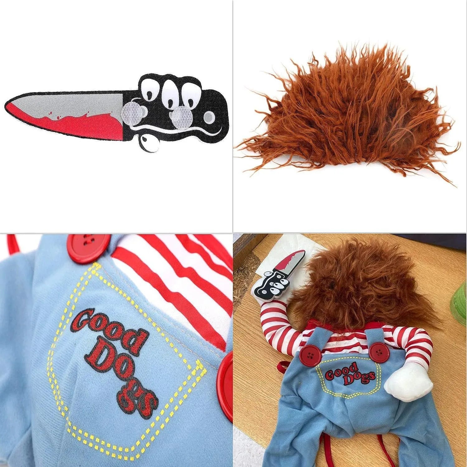 Striped Halloween harness pants costume set for dogs and cats with removable knife accessory