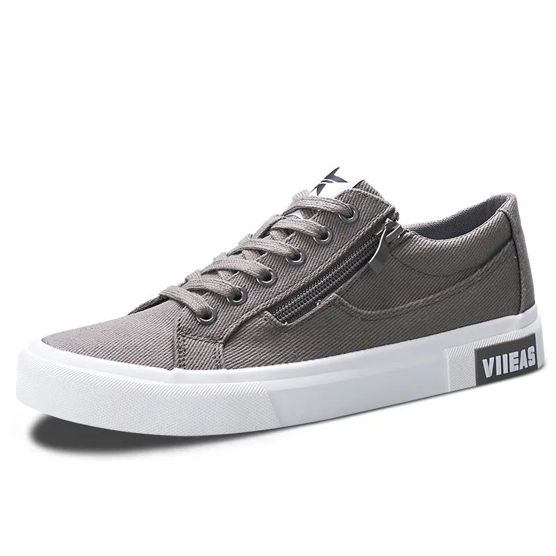 Men's canvas shoes casual lace-up low top breathable vulcanised rubber sole flat heel round toe solid colour
