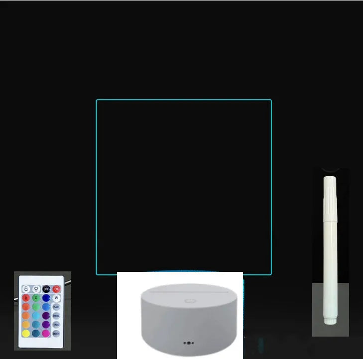 3D acrylic LED message board with touch control, black ABS base, USB cable, and stylus pen on desk