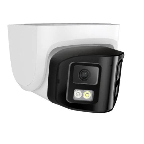 4MP dual-lens POE IP66 waterproof security camera showing front view with two lenses and mounting bracket.