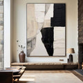 Handmade modern abstract black white textured oil painting on canvas, unstretched and frameless, vertical orientation