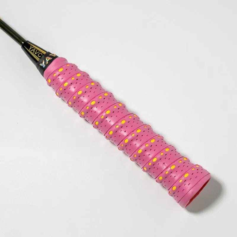 PU anti-slip sweatband wrapped around a tennis racket handle, showing textured surface.