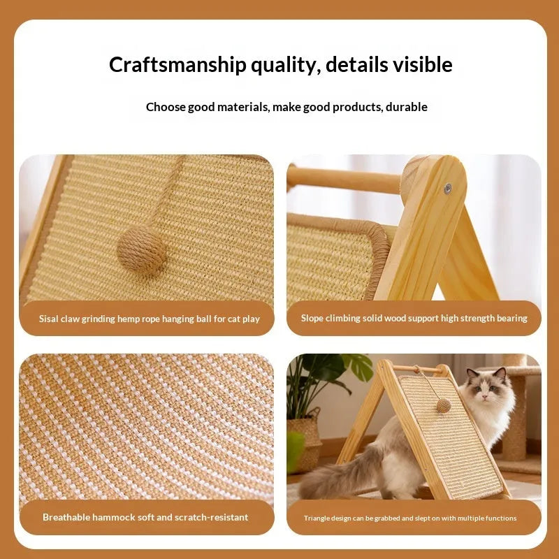 Minimalist all-in-one solid pine wood cat tree with triangle hammock scratch board