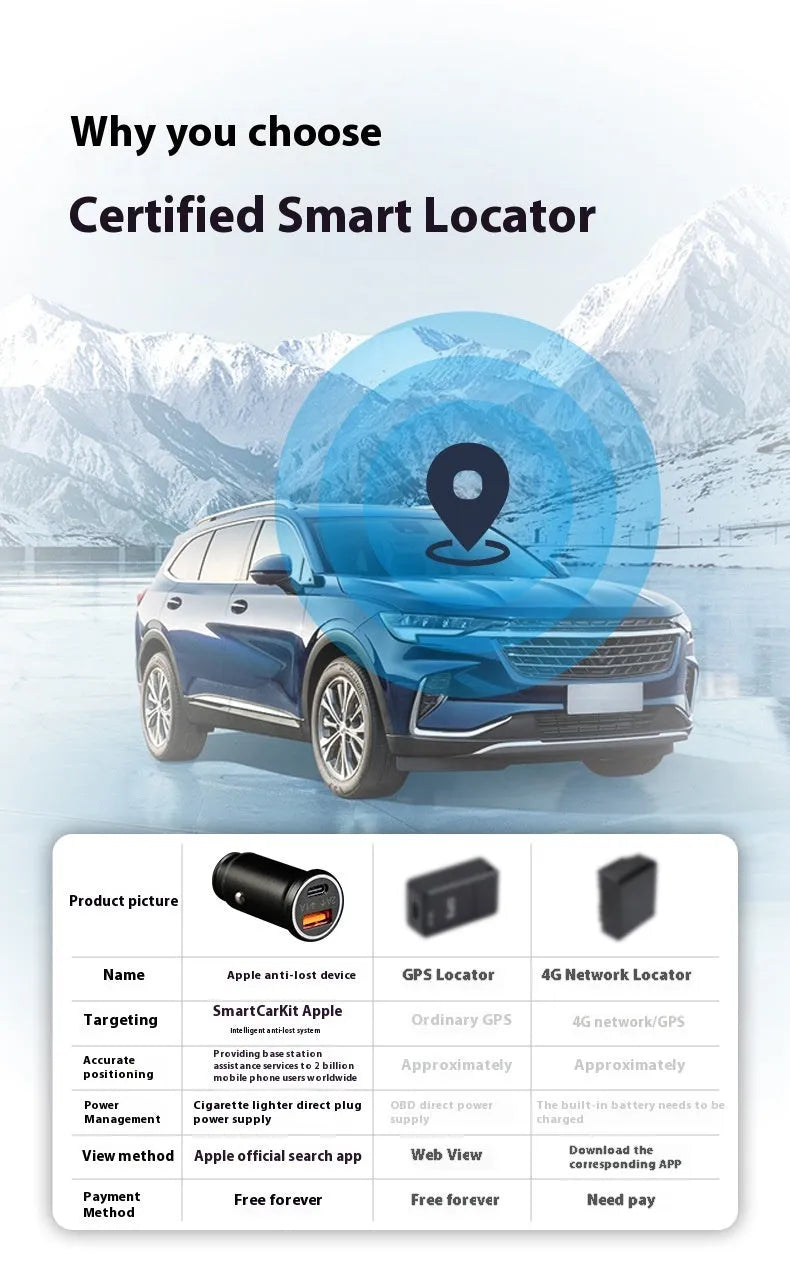 Black ABS car charger locator with integrated GPS for vehicle tracking, plugged into a 12V car socket.