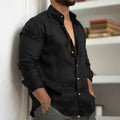 Men's cotton and linen blend solid colour button shirt for summer beach wear