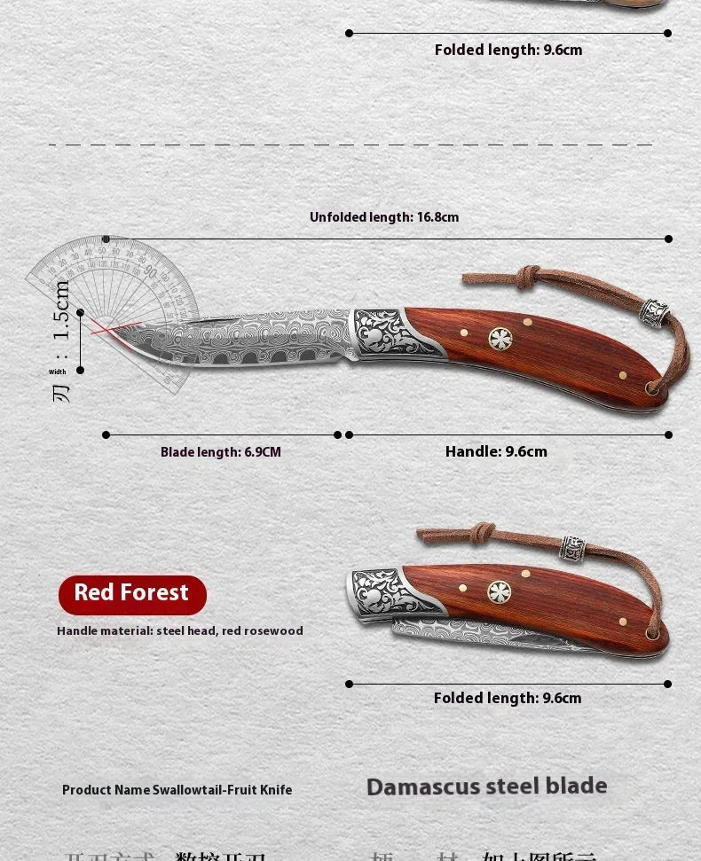 VG10 stainless steel folding knife with handmade national style dovetail patterning in blue or red options