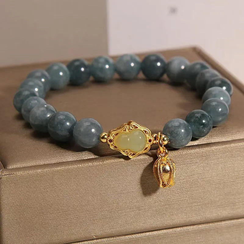 Women's sky blue natural stone bracelet with lotus pendant and electroplated finish