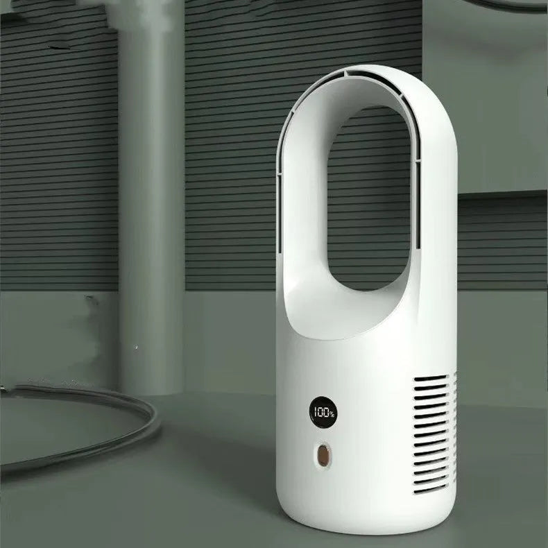 X28 Vaneless bladeless desktop fan with USB port and LED display on a desk