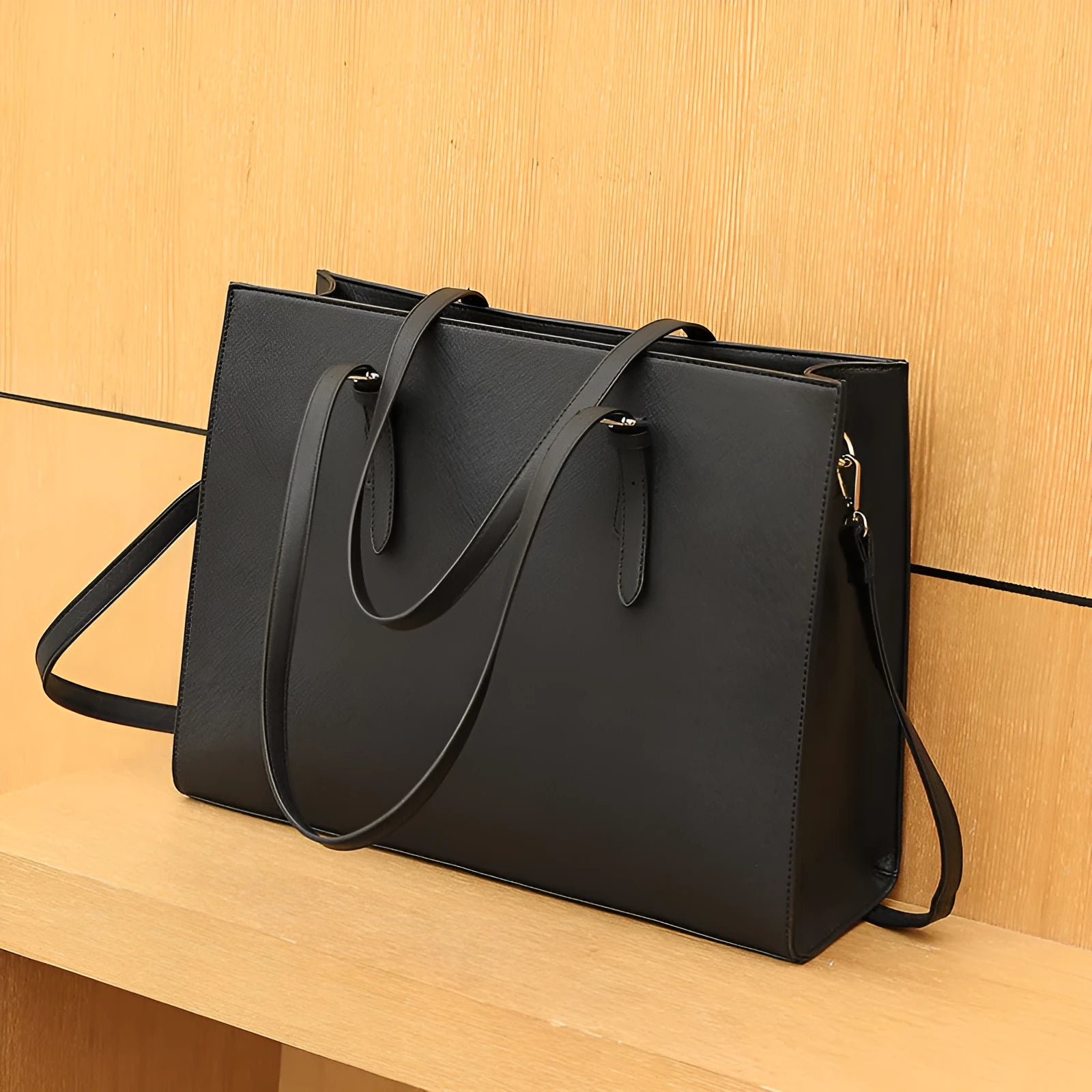 Large black business laptop bag showing multiple internal organisers and three shoulder strap options for women's daily commuting