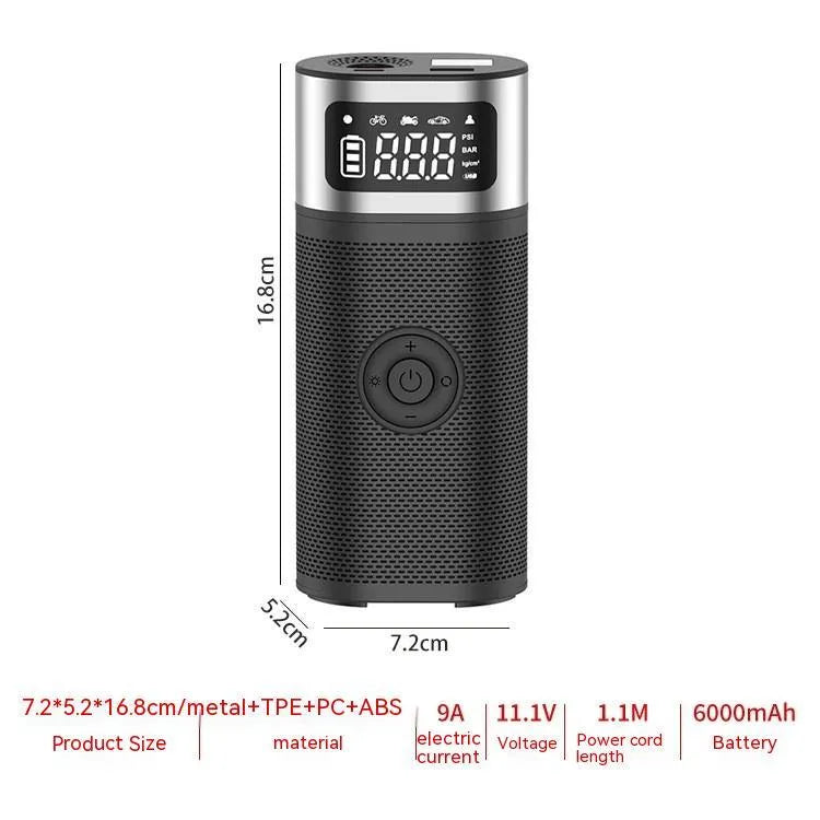 Black portable wireless smart air pump with LED light, USB cable, and nozzles for car, bike, ball, and swimming ring.