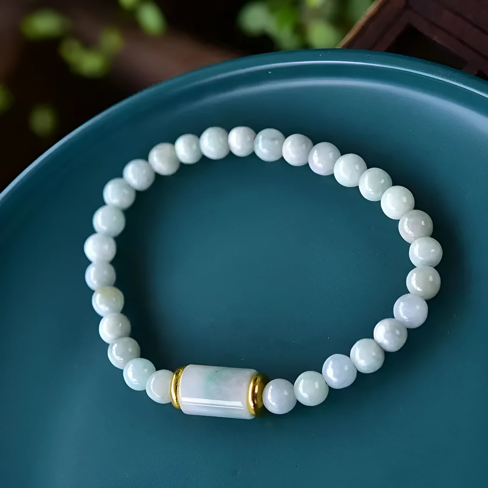Natural Myanmar jade bracelet with round emerald ice jade beads in ethnic geometric design