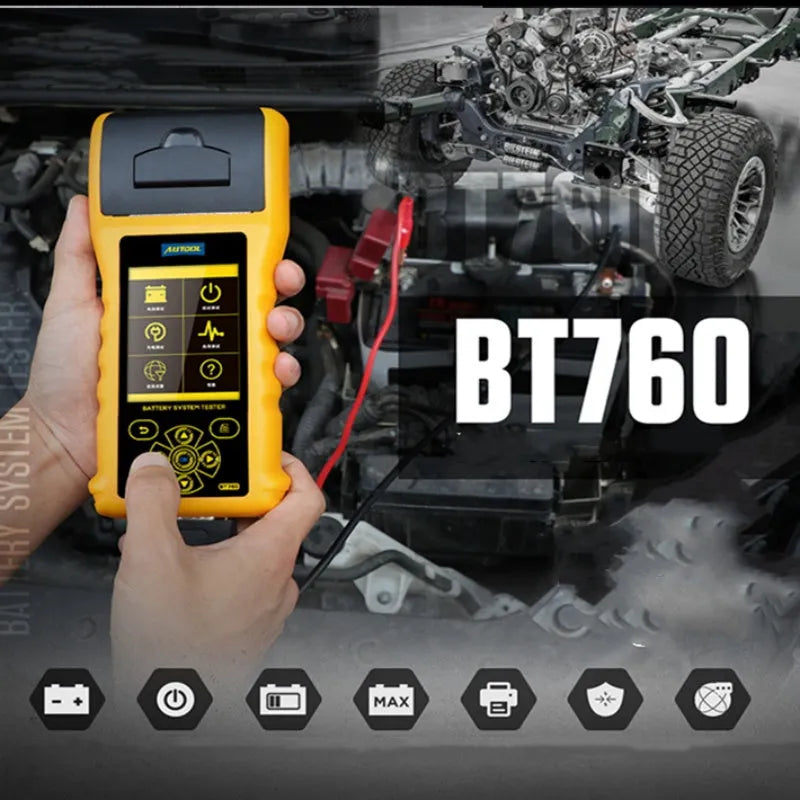 Autool BT760 vehicle battery tester with colour screen and red and black connection clips.