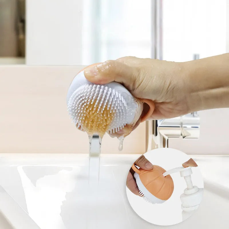 Orange TPR dog bath brush with shampoo dispenser and massage bristles
