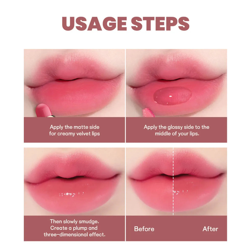 Double-headed lipstick in 10 colours with matte finish and moisturising formula