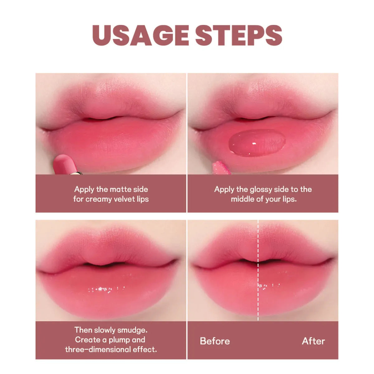 Double-headed lipstick in 10 colours with matte finish and moisturising formula