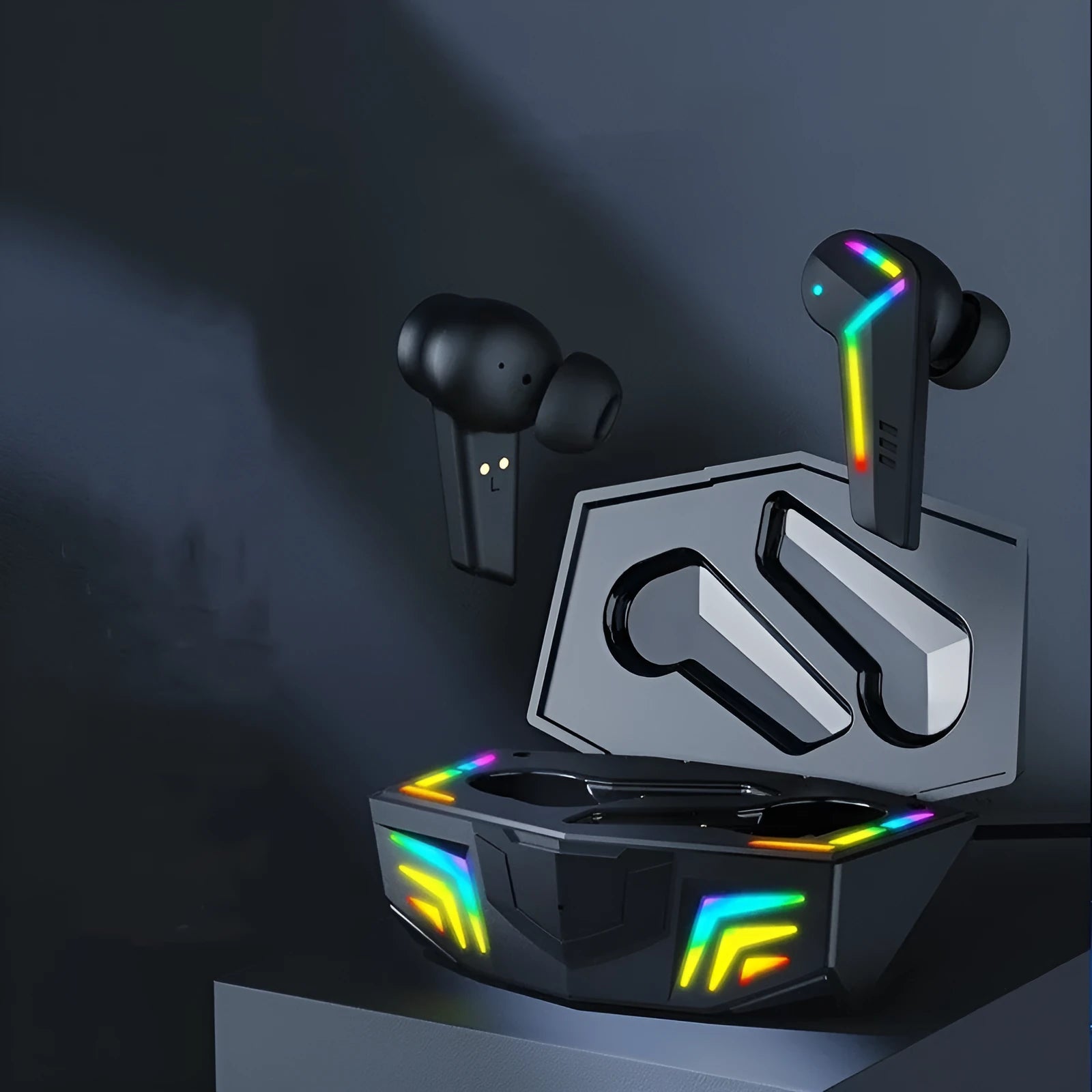 Small black wireless Bluetooth earplug headset for sports and gaming.