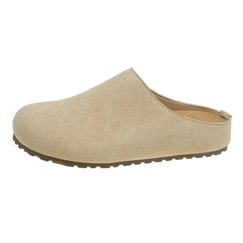 Boken Korean-style flat outdoor slippers in apricot, slip-on design with square toe and microfiber upper.