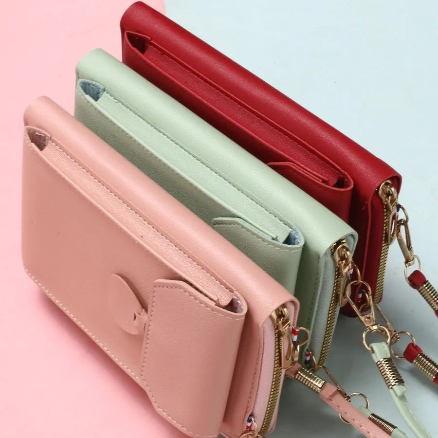 Mini crossbody phone bag for women in black PU leather with sewing thread detail