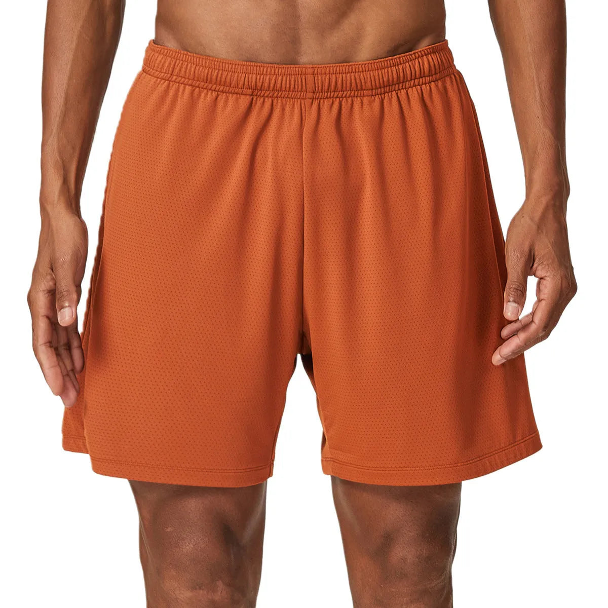 Men's quick-drying double-layer running shorts in sky green, shown from front and back.