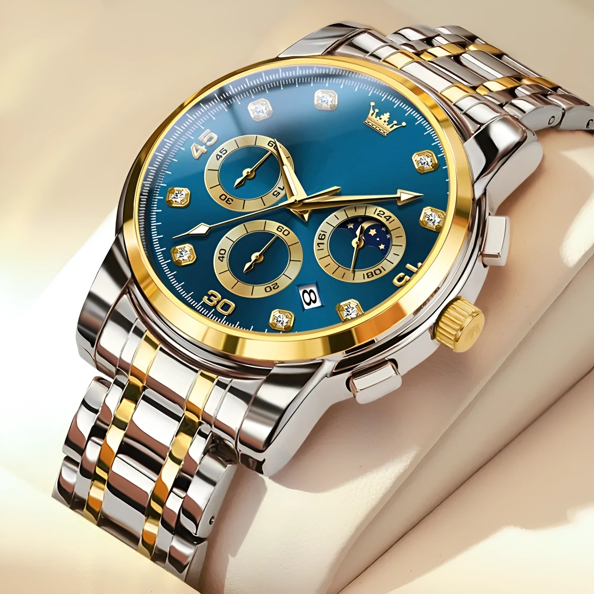 Men's quartz watch with circular alloy case, 42mm dial, glow and calendar features, on black interband strap