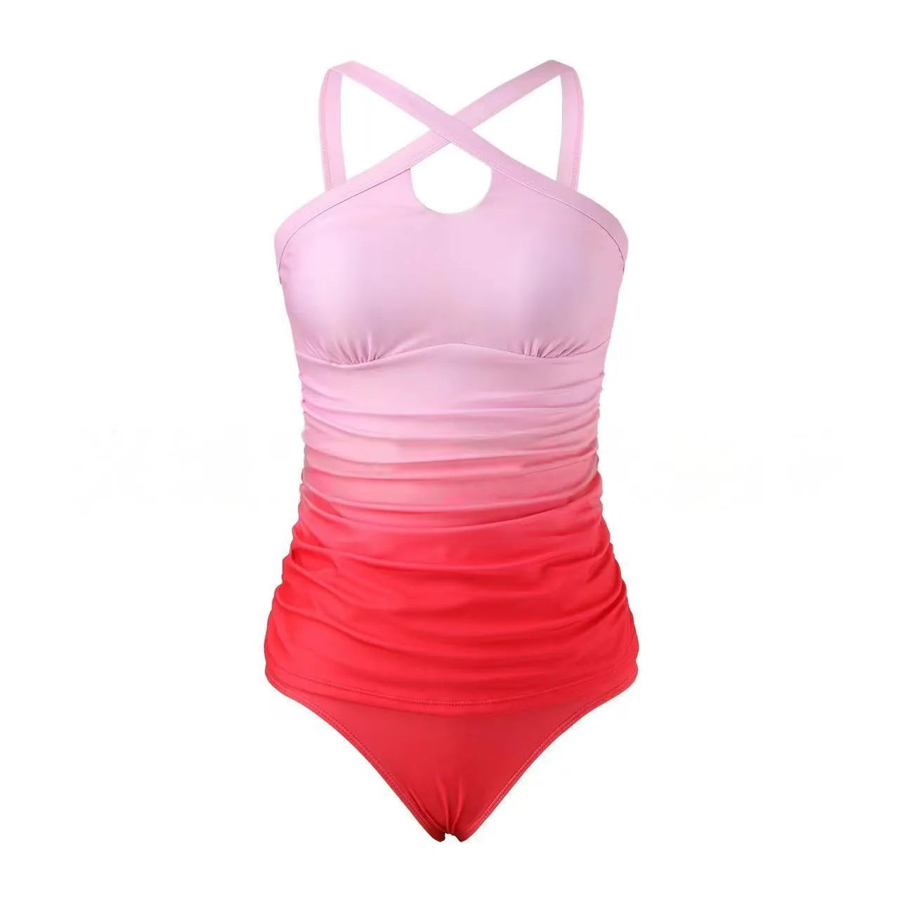 Women's gradient colour cross-strap back swimsuit with heap pleating, shown in a brief style.