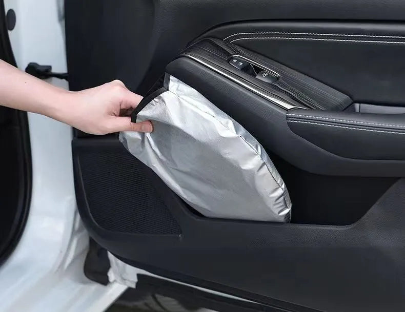Titanium silver aluminium foil car sunshade folded, showing reflective surface and size options for windscreen heat protection.