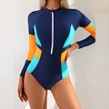 Tight long sleeve one-piece swimsuit in purplish blue with colour-block stitching and high-elasticity fabric