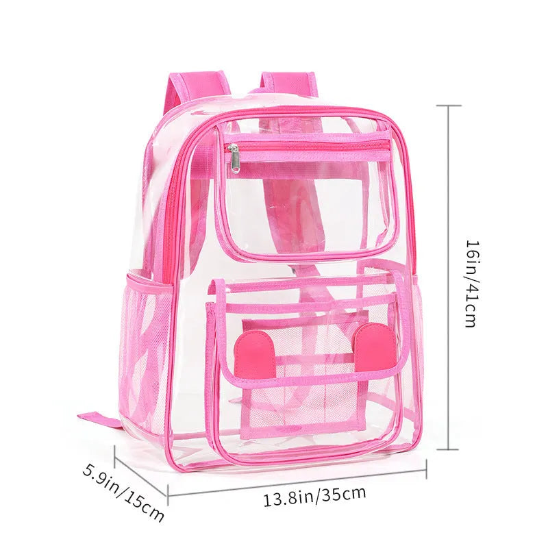 Large transparent PVC travel backpack in black, shown from the side, suitable for airport security and events.