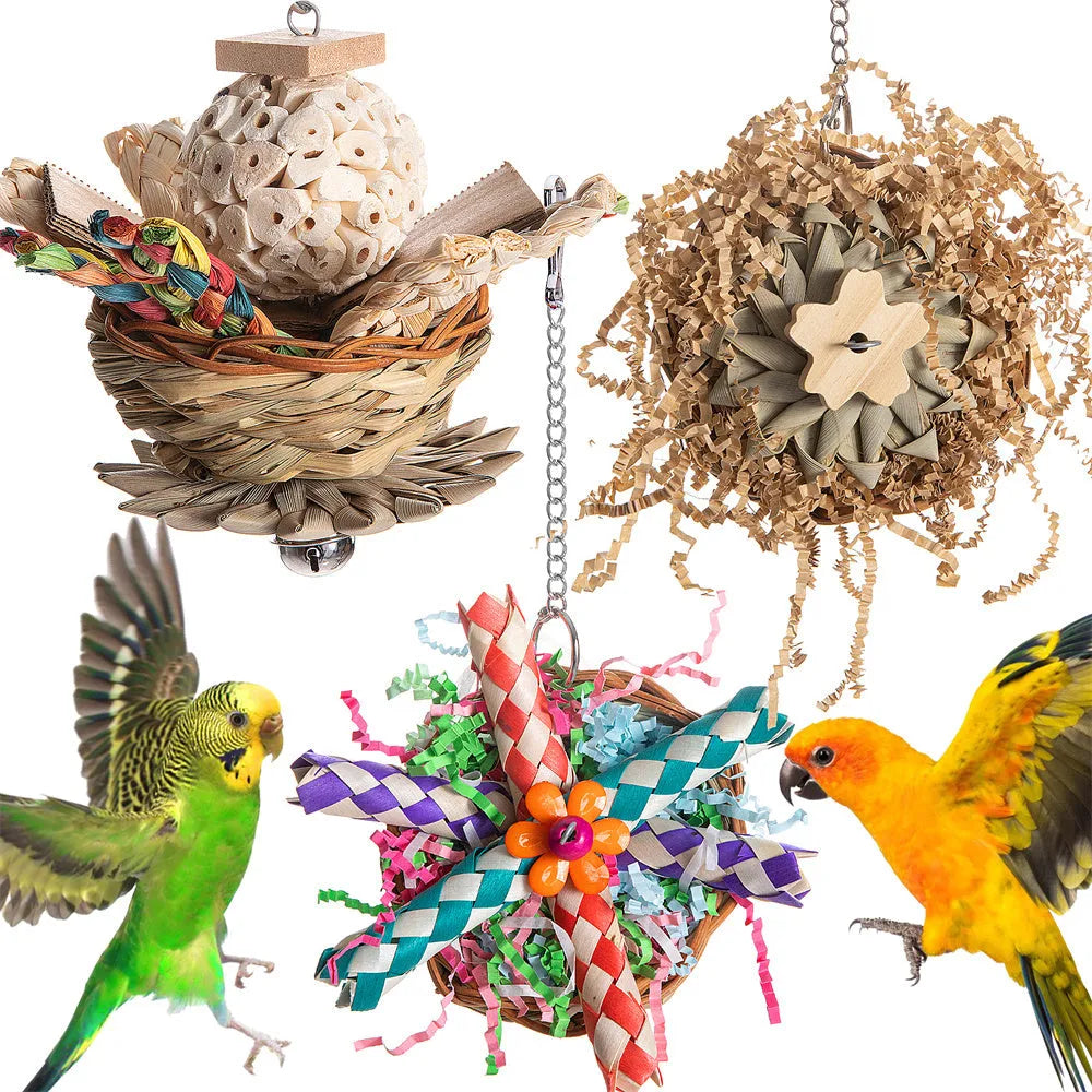 Set of three parrot gnawing toys for beak exercise including types A, B, and C.