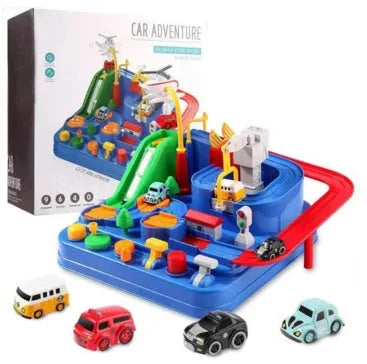 Big Adventure plastic toy set with multi-level parking garage, car tracks, and toy vehicles laid out for play.