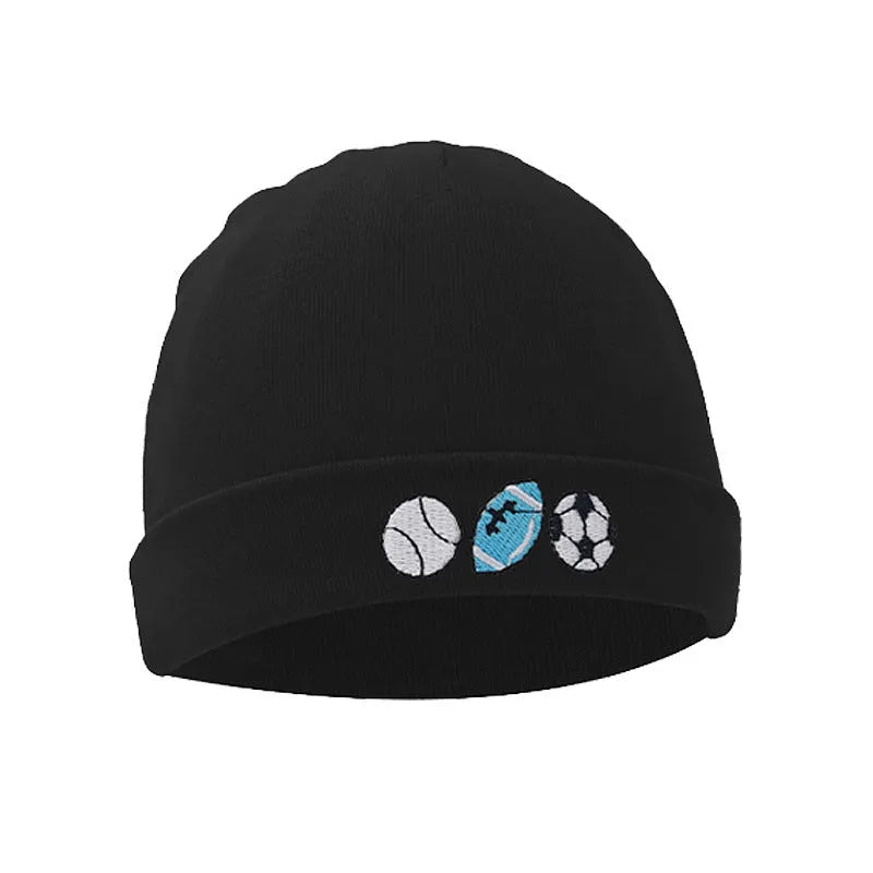 Set of white, light blue, and grey cotton baby pullover caps, gloves, and foot covers for infants.