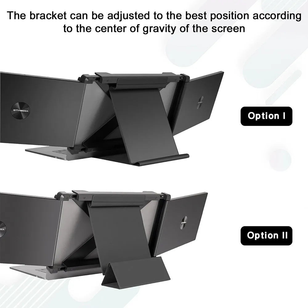 Black portable monitor display screen with HDMI and USB-C cables for laptop and phone dual screen use