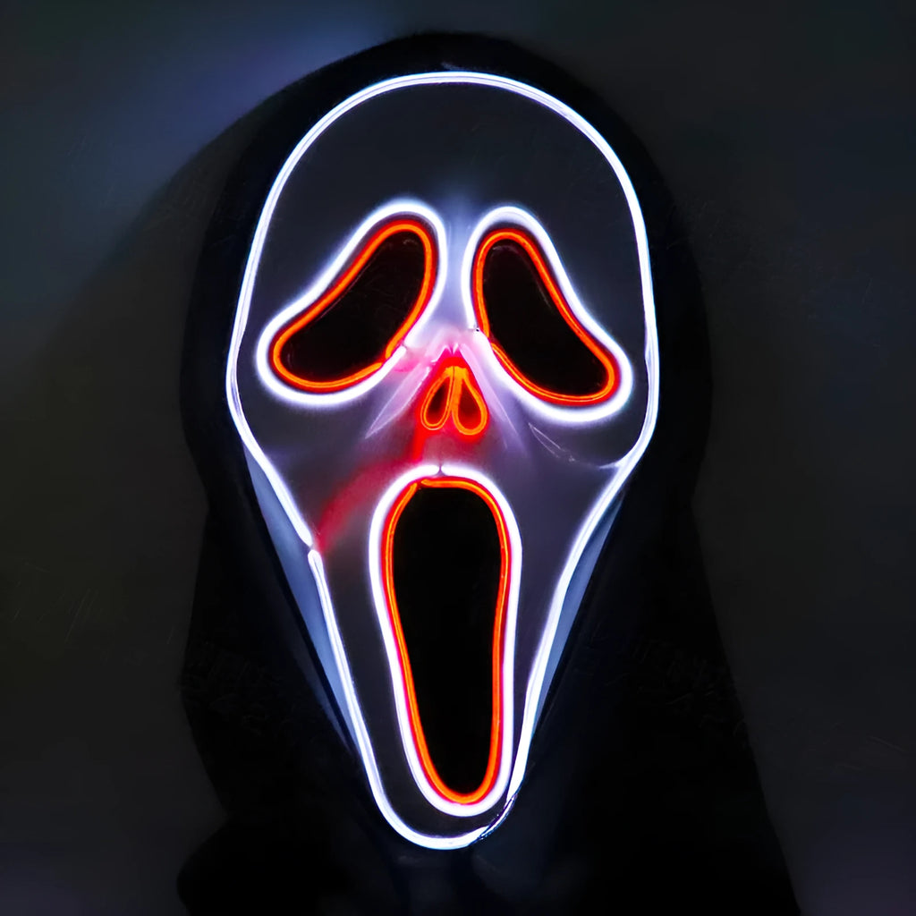 Halloween scary skull LED glowing screaming mask with white shell and ice blue light on plastic headgear